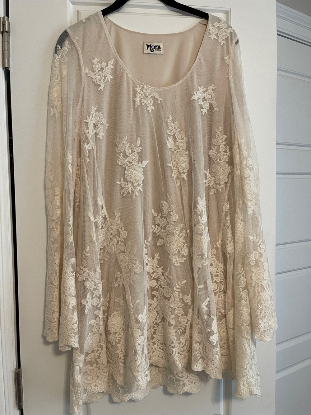 Cream Lace Overlay Women's Dress with bell sleeves. Show me your Mumu.